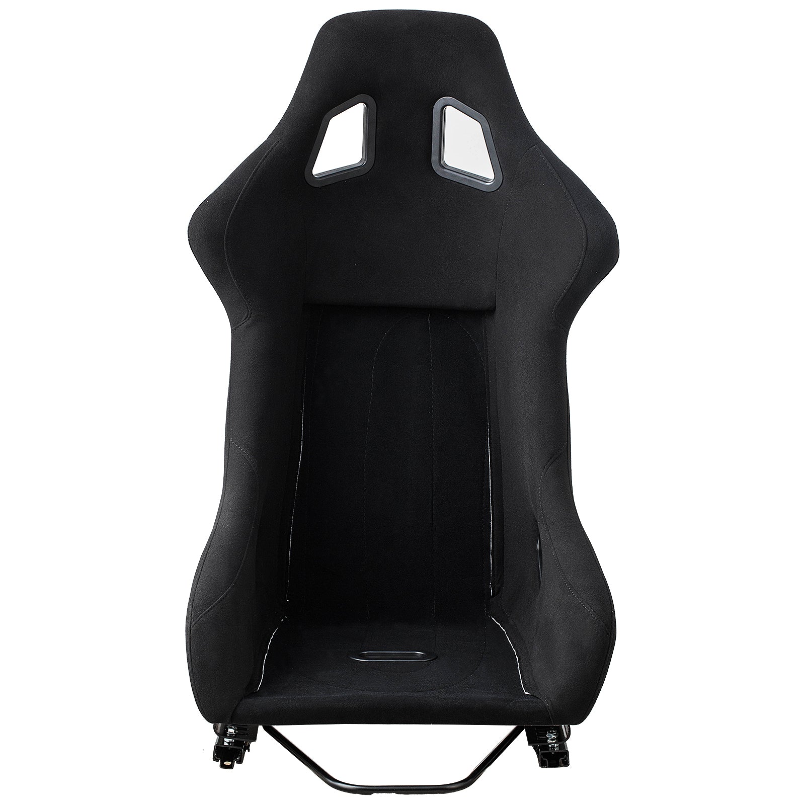 Black racing bucket seat with suedelike fabric and harness slots for performance driving