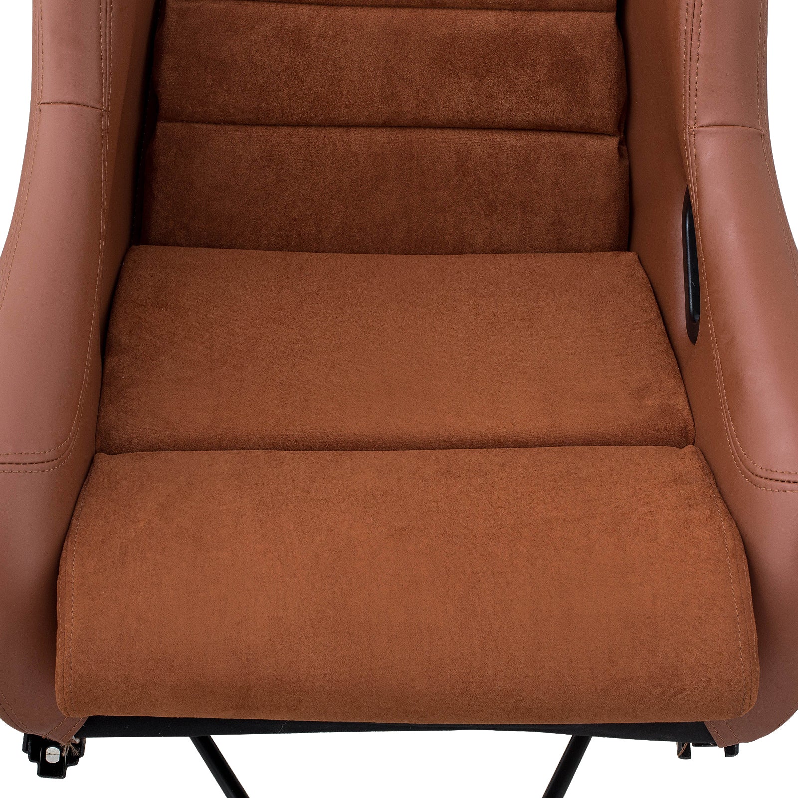 Luxurious brown faux suede gaming chair with stitched brown leather accents and recliner mechanism