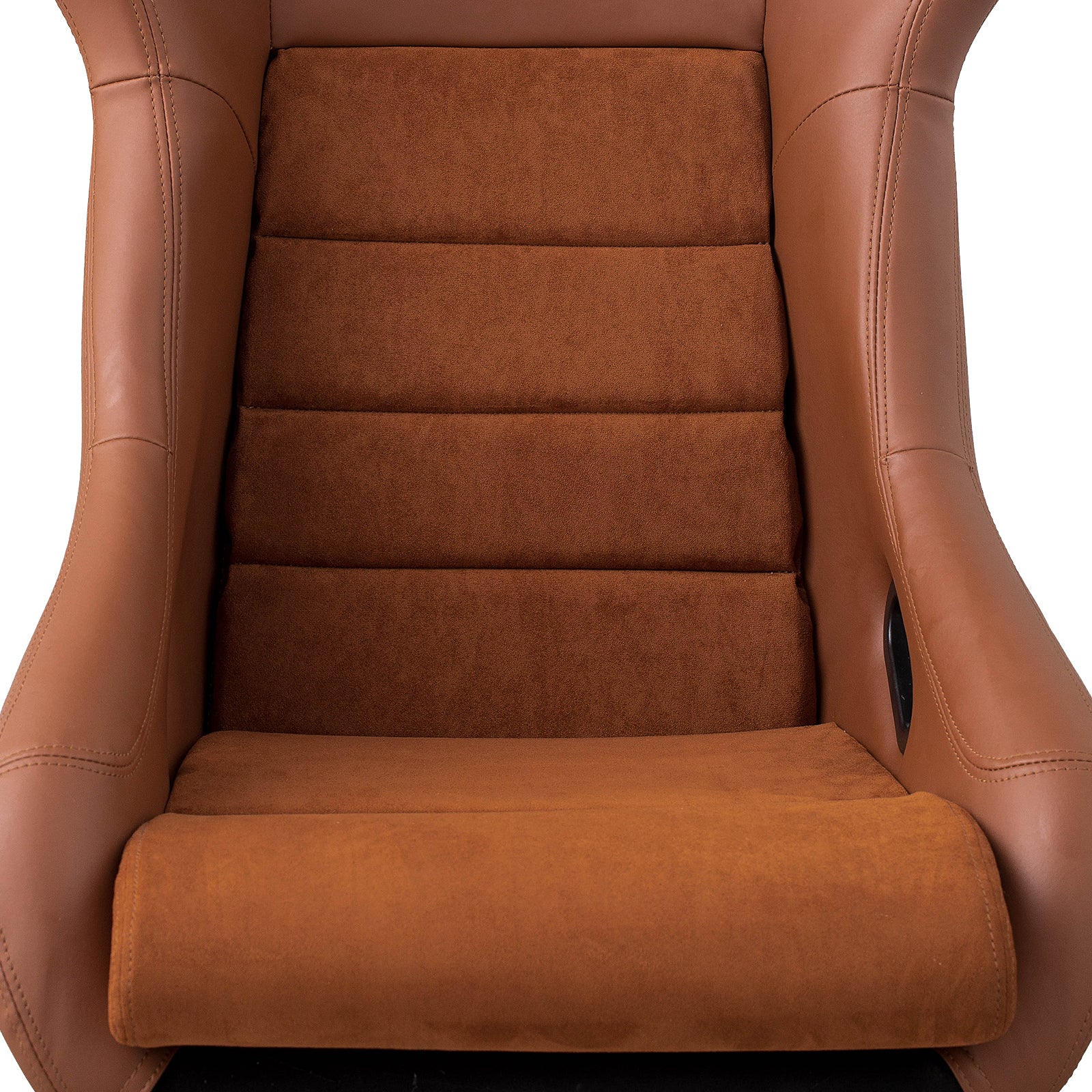 Brown leather and suede racing chair with plush segmented cushioning and ergonomic design
