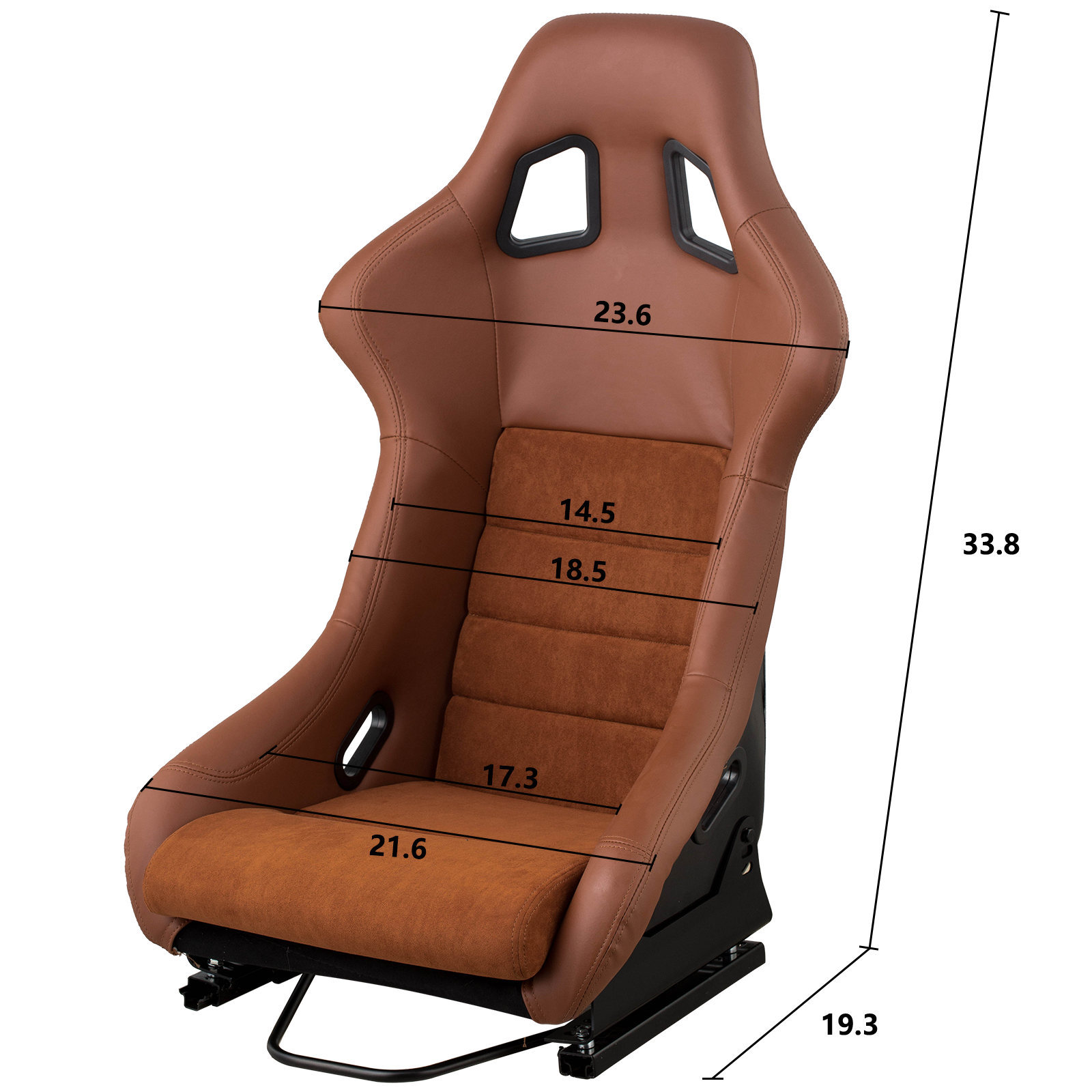 Brown leather racing seat with suede inserts and adjustable base