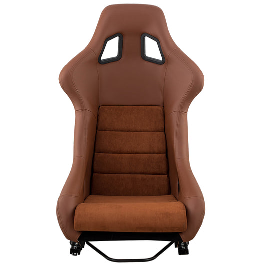 Brown racing bucket seat with suede insert and black trim detail