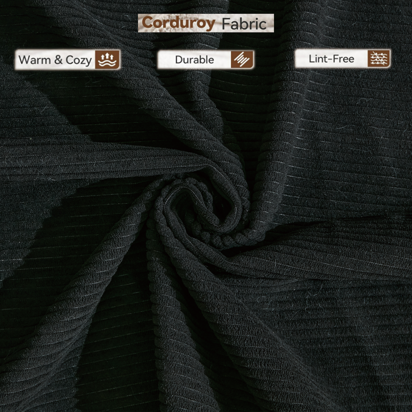 Black corduroy fabric with subtle vertical stripes warm and cozy texture for apparel