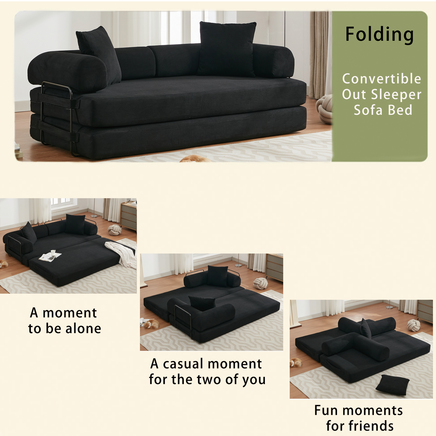 Black corduroy convertible sleeper sofa bed with armrests and pillows