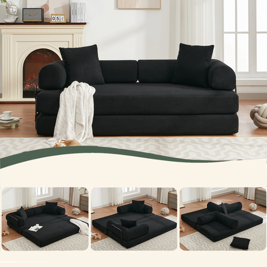 Black corduroy convertible sofa bed with plush pillows and rolled arms