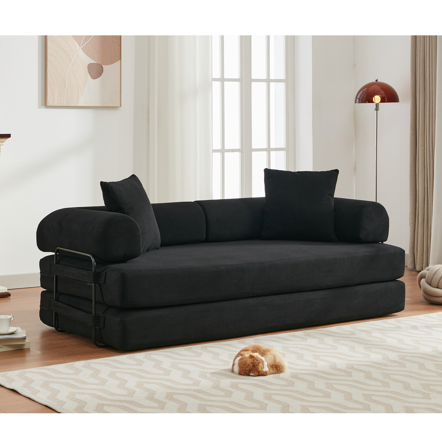 Black corduroy sofa bed with metal frame plush cushions modern living room furniture