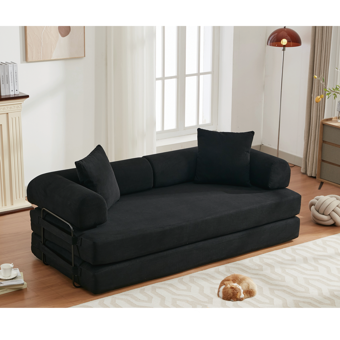 Black corduroy convertible sofa bed with metal frame modern design
