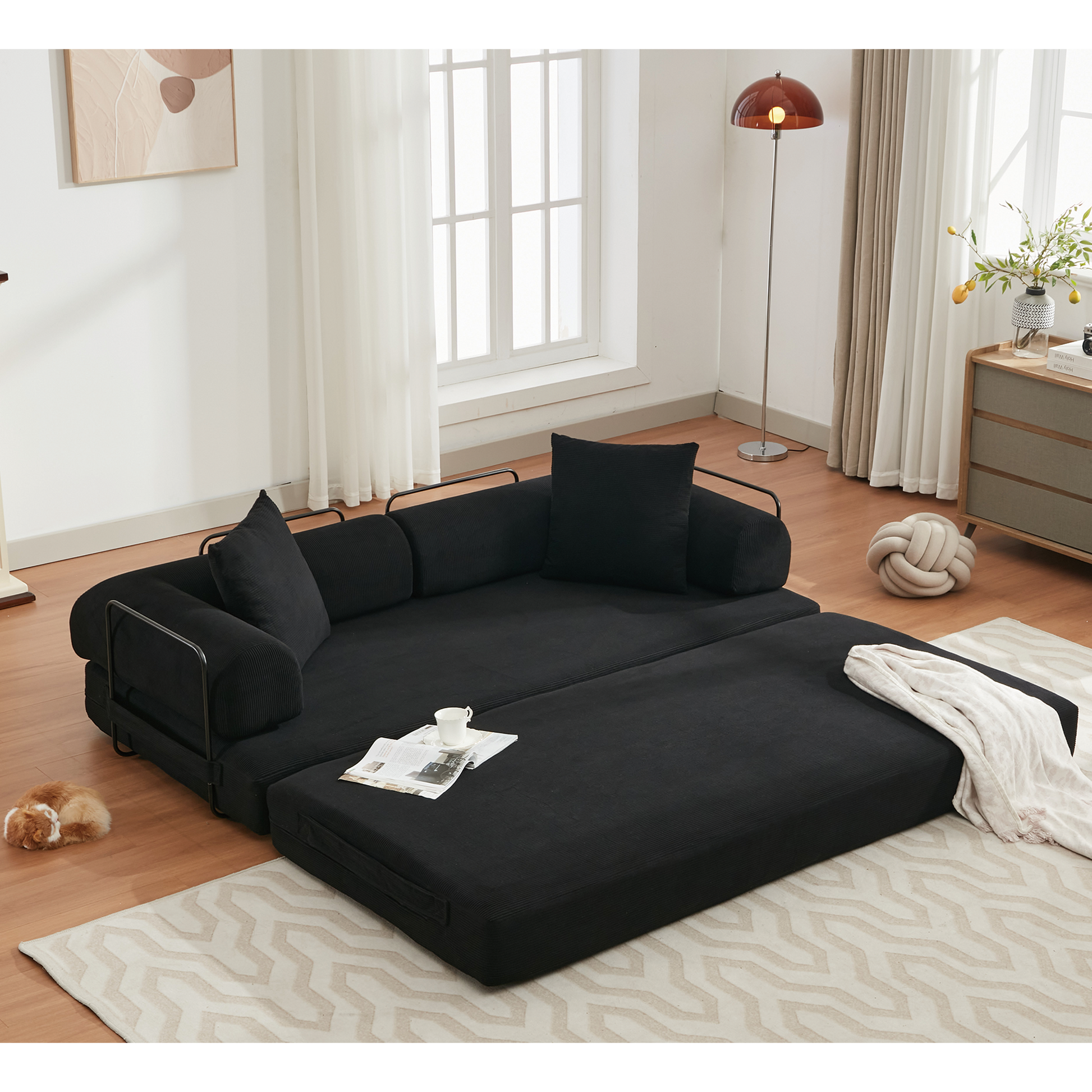 Black sectional sofa with corduroy fabric and metal frame perfect for modern living spaces