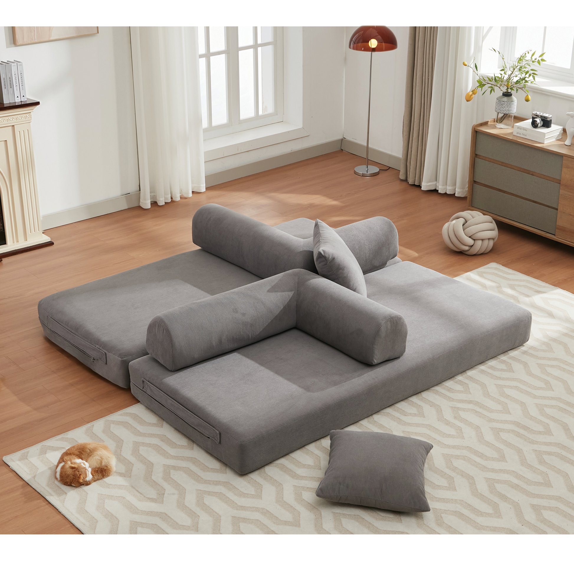 Gray corduroy modular sofa with lumbar and throw pillows for modern living rooms