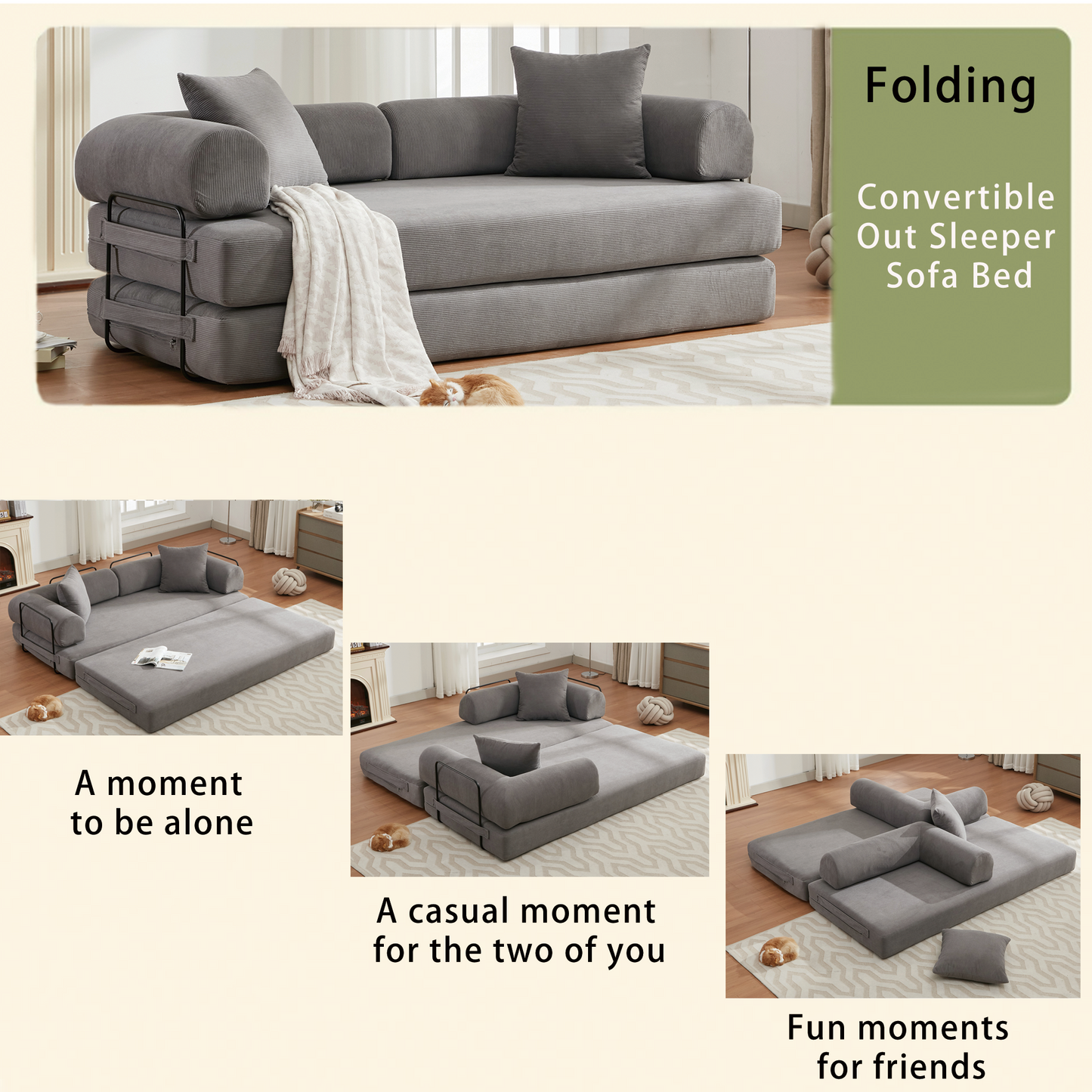 Gray corduroy convertible sofa bed in a living room setting folded up