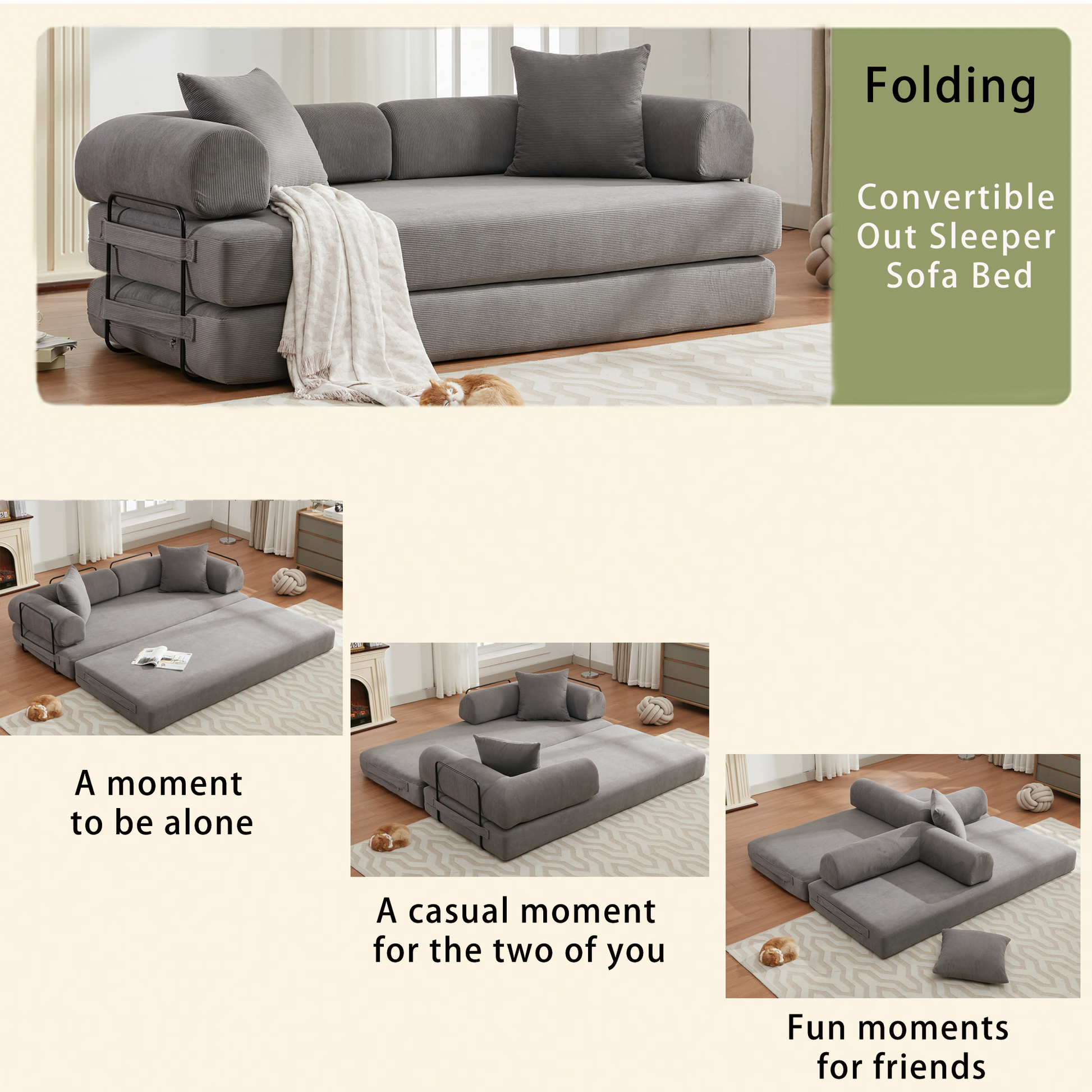 Gray corduroy convertible sofa bed in a living room setting folded up