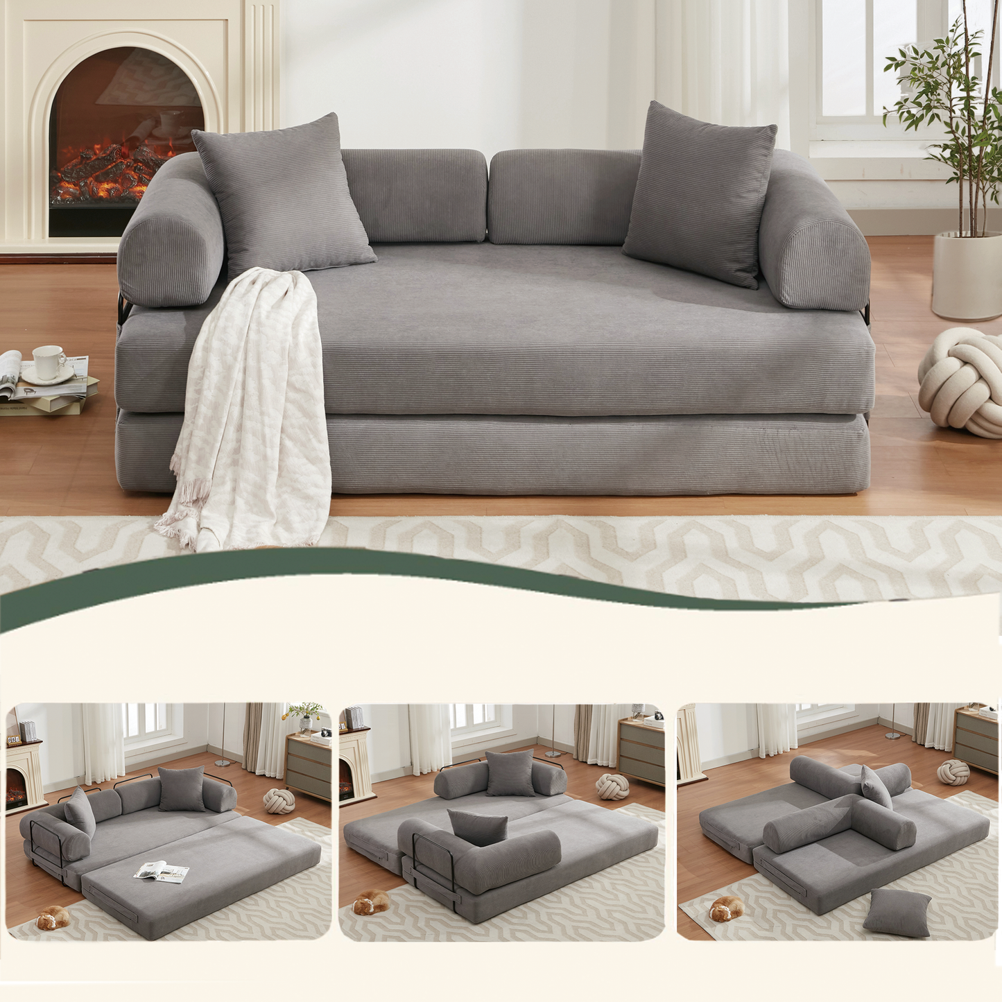 Grey corduroy convertible sofa bed with rolled armrests perfect for modern living rooms
