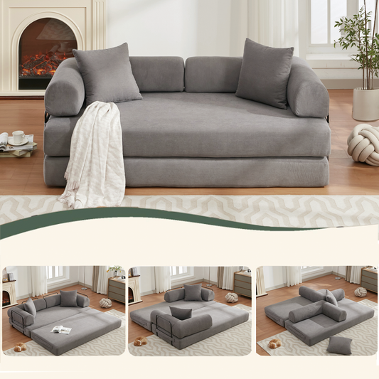 Grey corduroy convertible sofa bed with rolled armrests perfect for modern living rooms