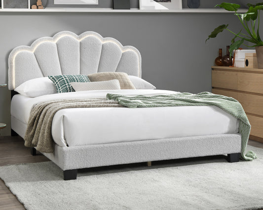 TREATLIFE HOME Queen Size Wool Fabric Fully Upholstered Bedframe with Floral Design Headboard and Built-in LED Lights, Modern Contemporary Style, White