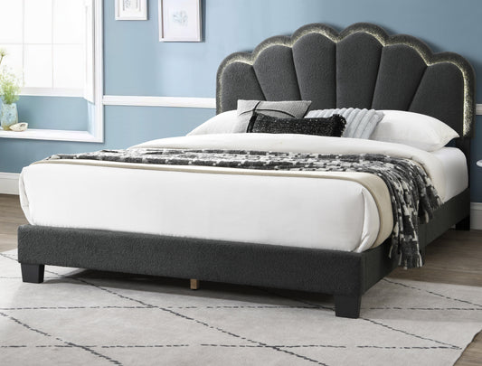 TREATLIFE HOME Queen Size Platform Bed with Charcoal Wool Fabric Headboard and Built-in LED Lights, Elegant Floral Design