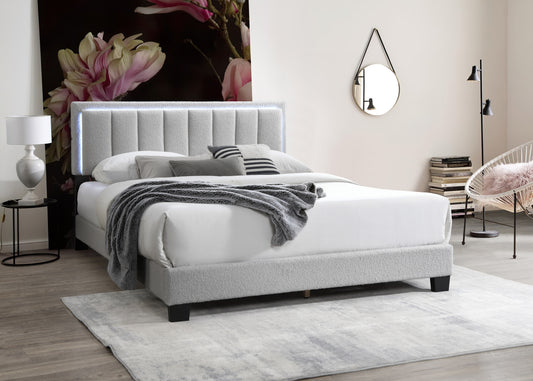 TREATLIFE HOME Enhance Bedroom Comfort with Light Gray Wool Queen Size Bed, Channel Tufting, Built-in LED Lights