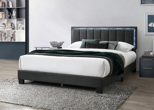 TREATLIFE HOME Queen Size Bed in Charcoal Wool Fabric with Channel Tufting and LED Headboard, Modern Upholstered Bedframe