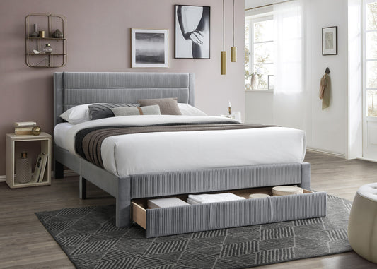 TREATLIFE HOME Queen Size Bed with Corduroy Upholstered Headboard and Underbed Storage Drawer, Modern Design, Gray