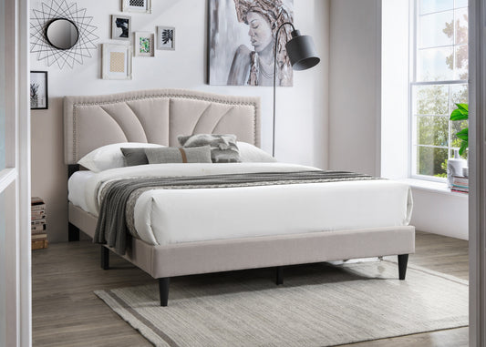 TREATLIFE HOME Queen Size Bed with Light Brown Burlap Upholstery and Nailhead Trim, Platform Design, Modern Vintage Style