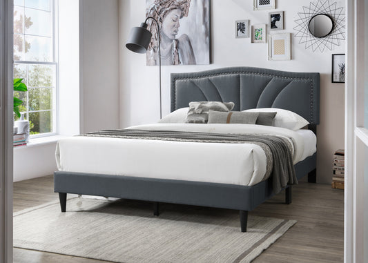 TREATLIFE HOME Queen Size Bed with Charcoal Burlap Fabric and Nailhead Trim, Modern Vintage Design, No Box Spring Required