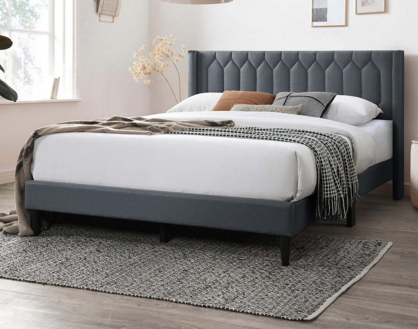 TREATLIFE HOME Modern Queen Size Bed with Charcoal Burlap Fabric and Diamond Design Headboard, Box Spring Not Required