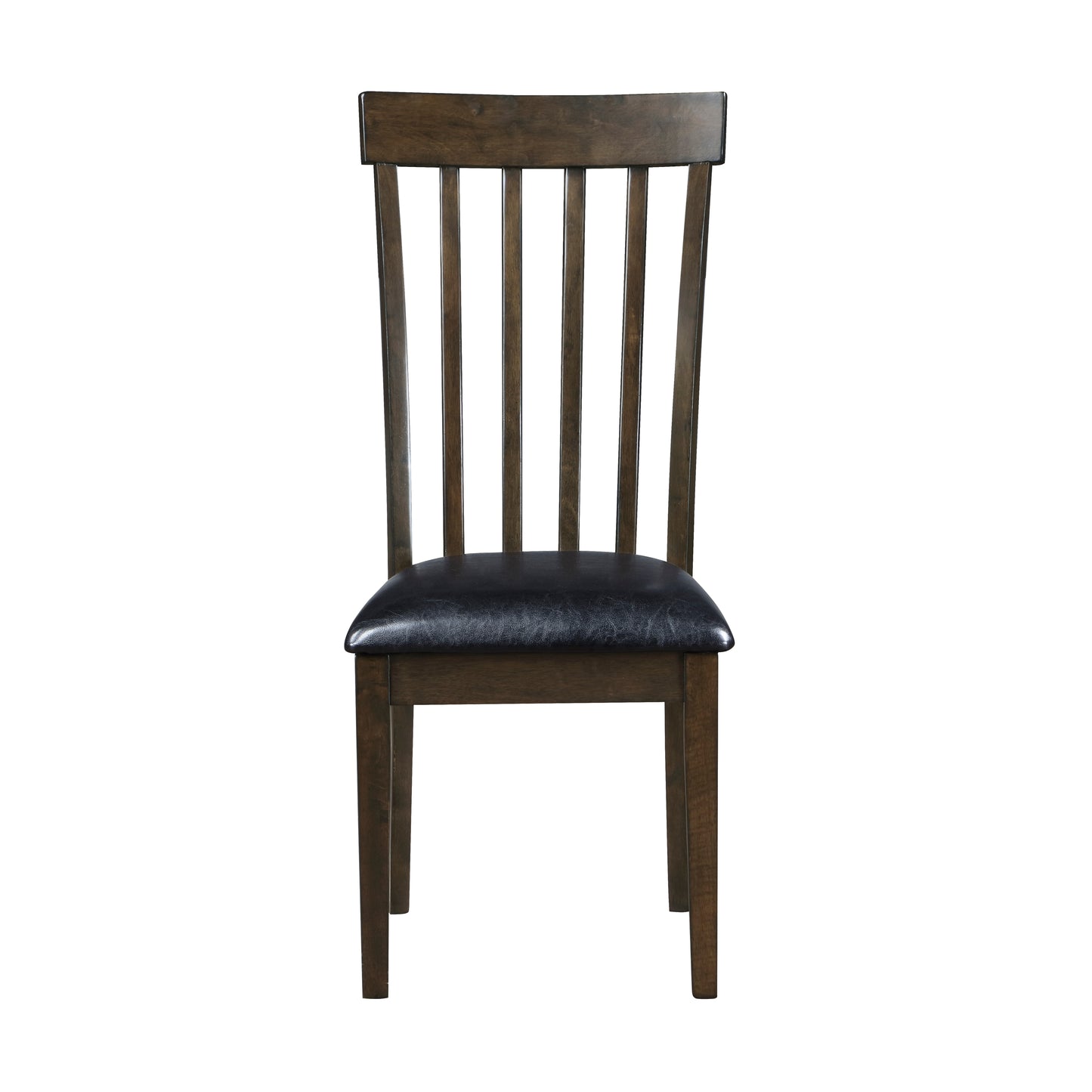Dark wood dining chair with a slatted back and black upholstered seat