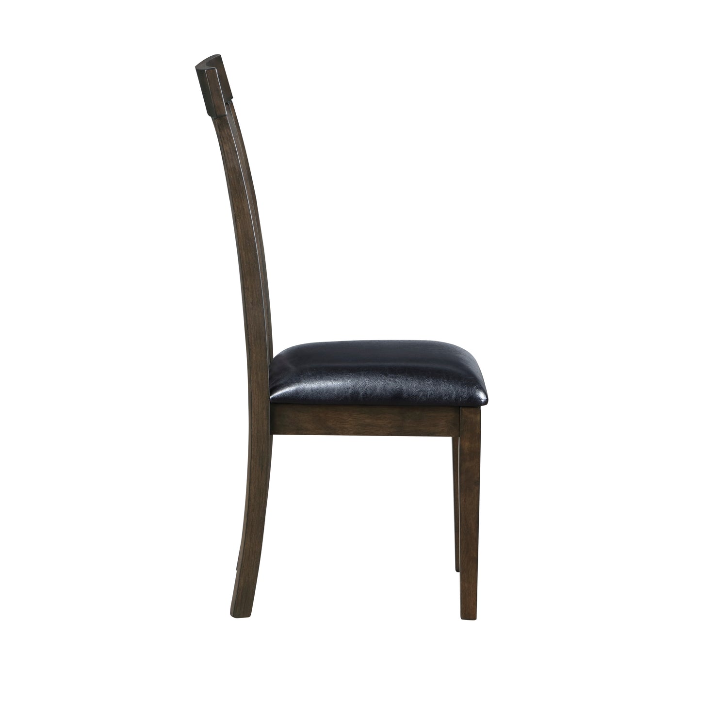 Side view of a dark wood dining chair with a black leather seat