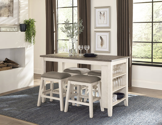 Rustic white and gray wood counter height dining table with four upholstered stools