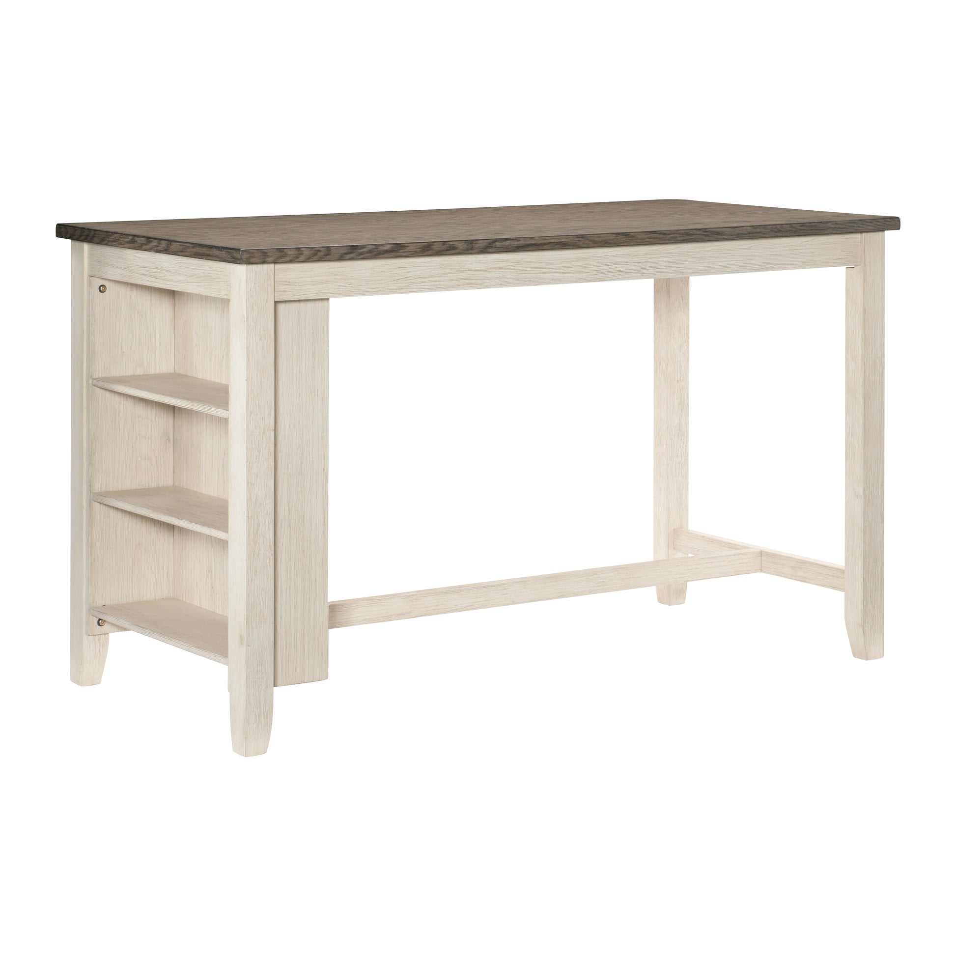 Rustic farmhouse pub table with two builtin shelves on one side a twotone wood finish