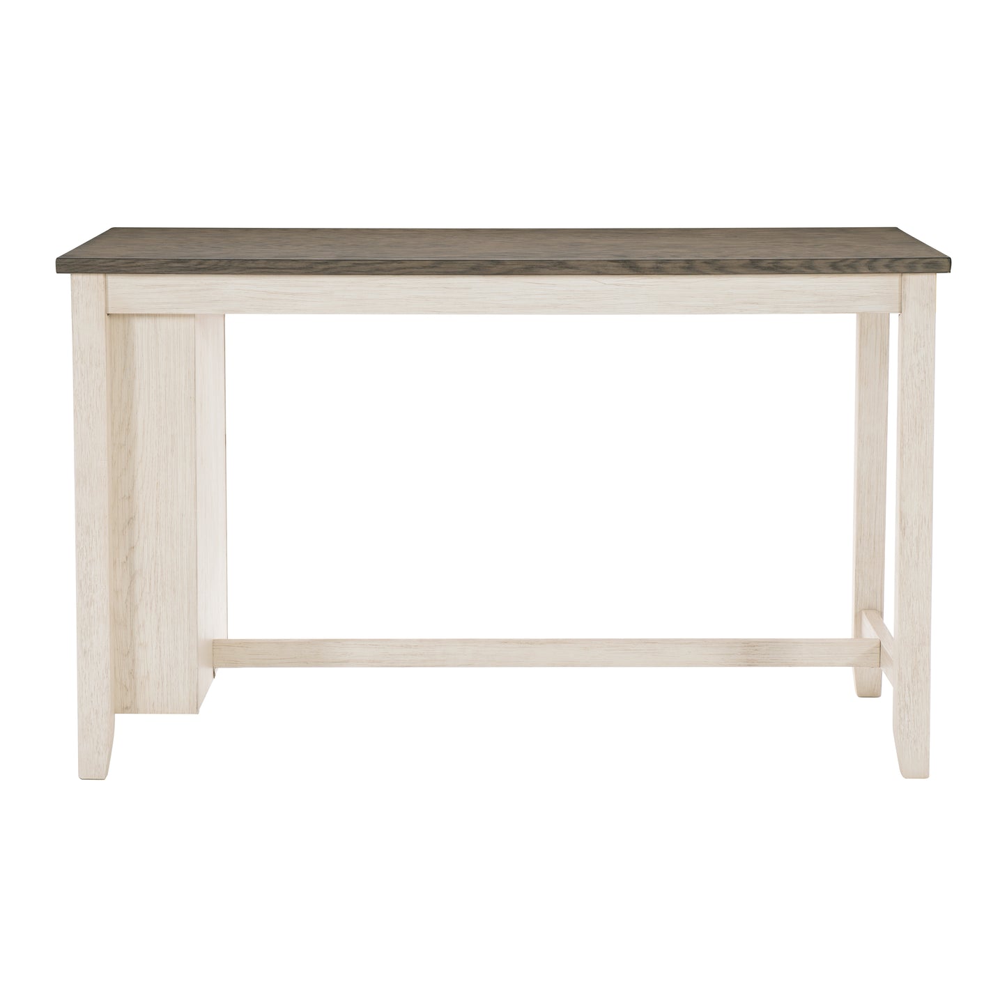 Rustic farmhouse bar table with distressed white oak base and dark oak top