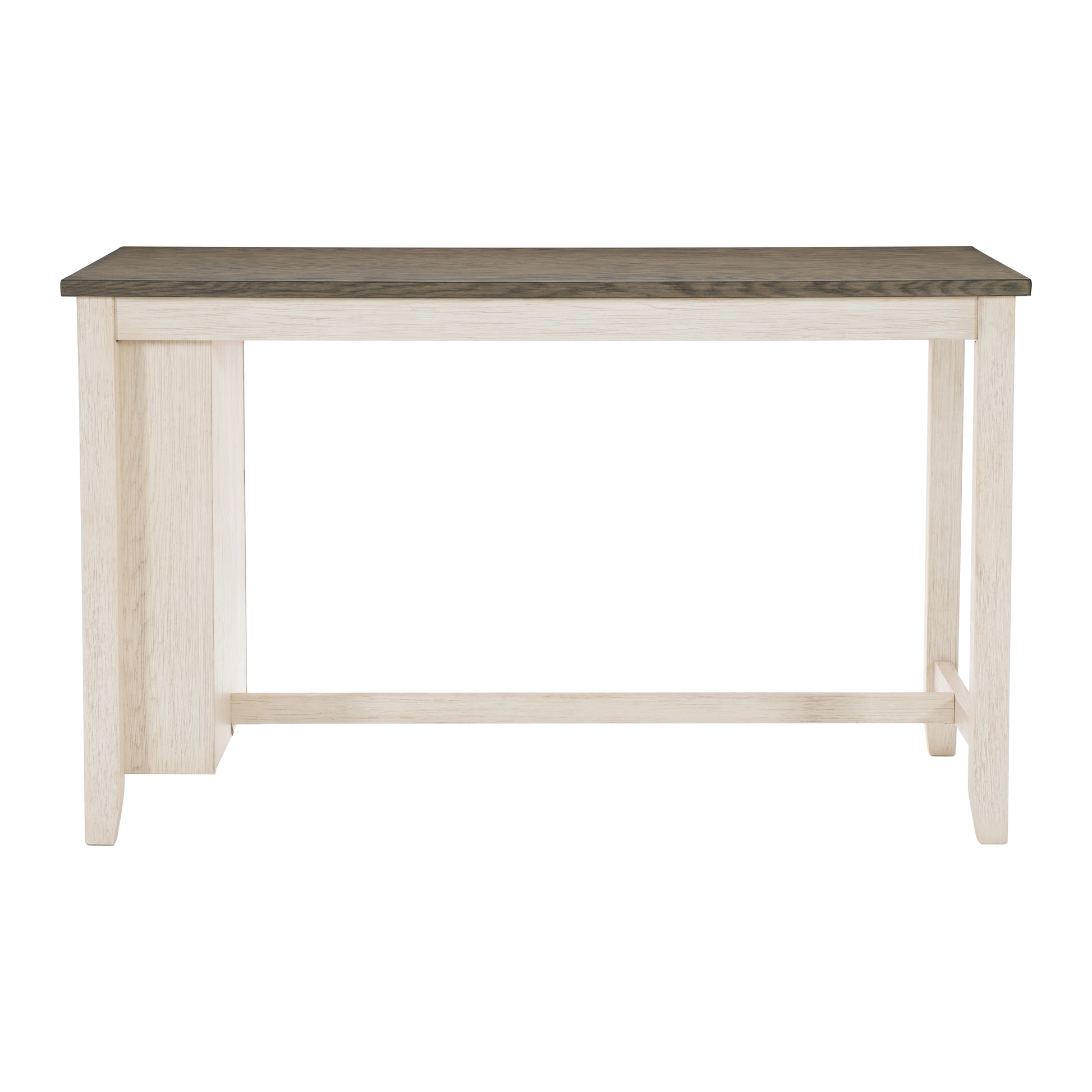 Rustic farmhouse bar table with distressed white oak base and dark oak top