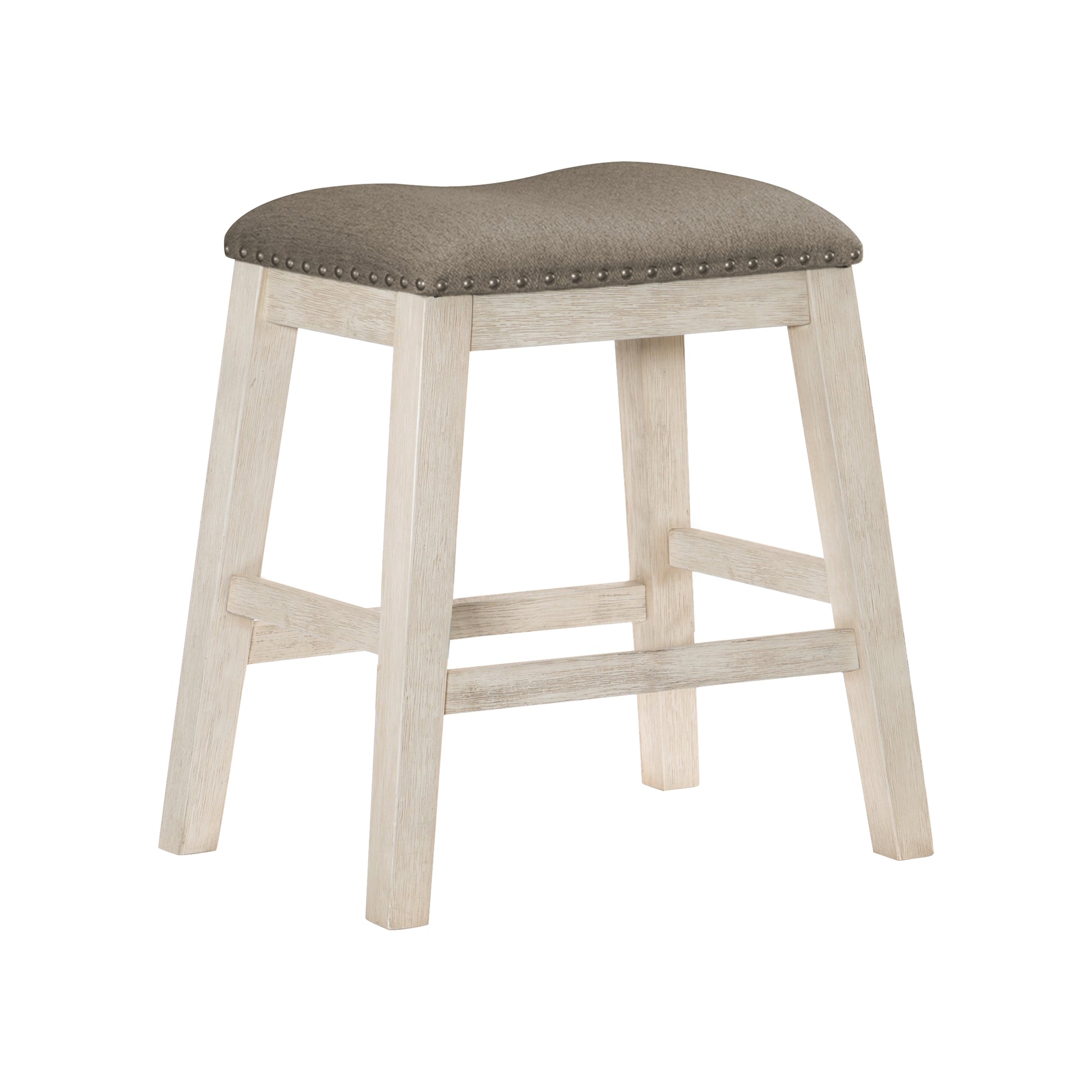 Upholstered grey fabric counter stool with nailhead trim and light oak finish wood legs