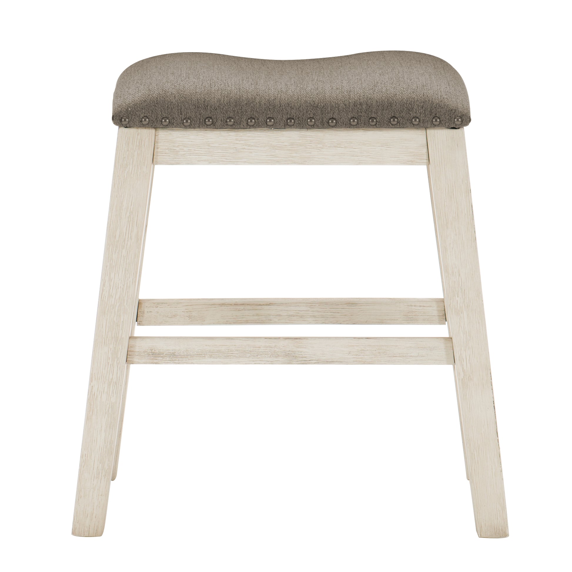 Textured grey fabric counter stool with weathered white wooden frame and nailhead trim