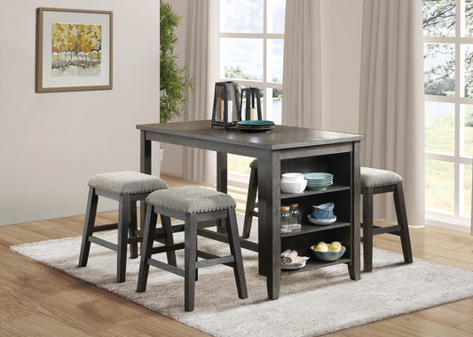 Dark grey wooden bar table with builtin shelving and three upholstered stools