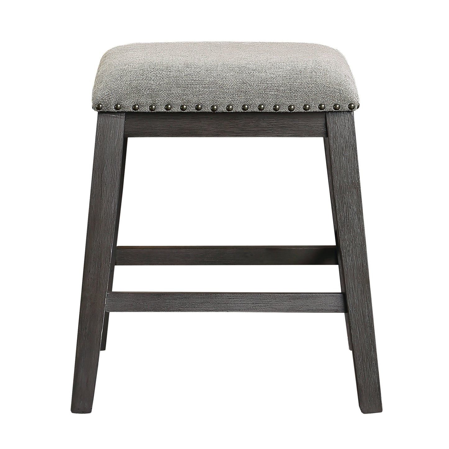 Gray upholstered counter stool with dark wood legs and nailhead trim