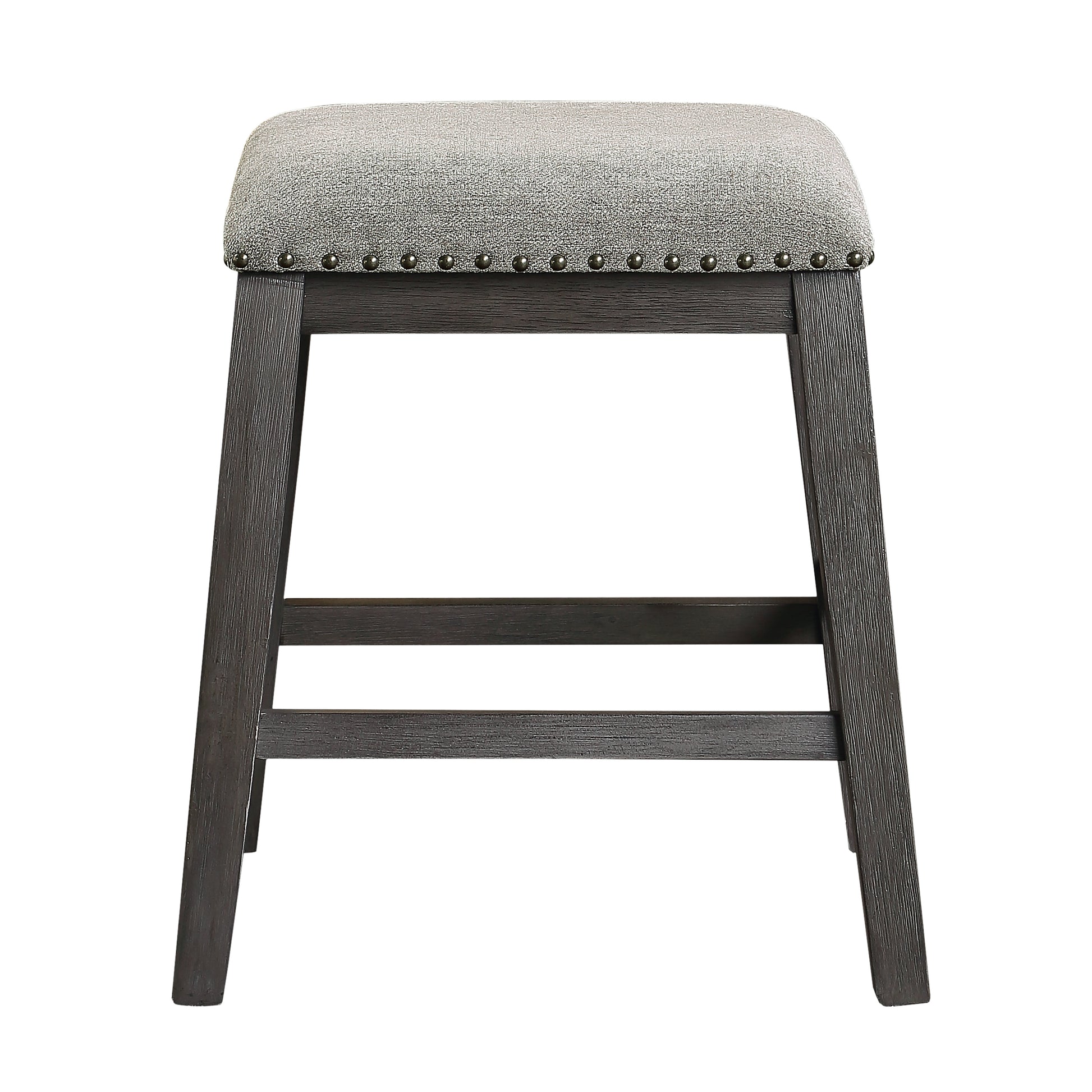 Gray upholstered counter stool with dark wood legs and nailhead trim