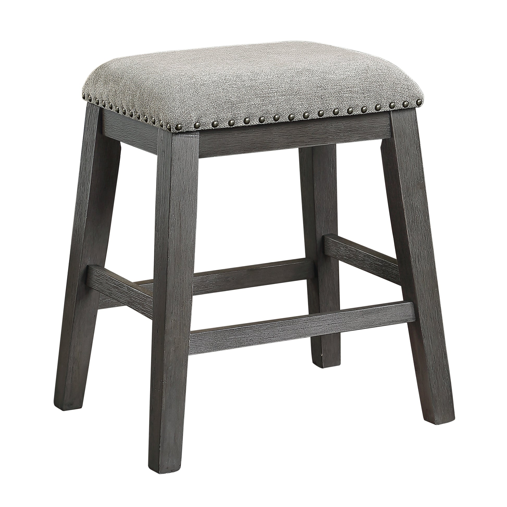 Gray upholstered counter stool with studded trim and dark wood legs