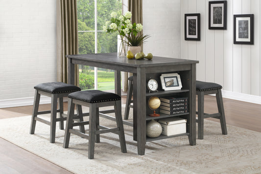 Dark grey wood pub table set with upholstered stools perfect for small spaces