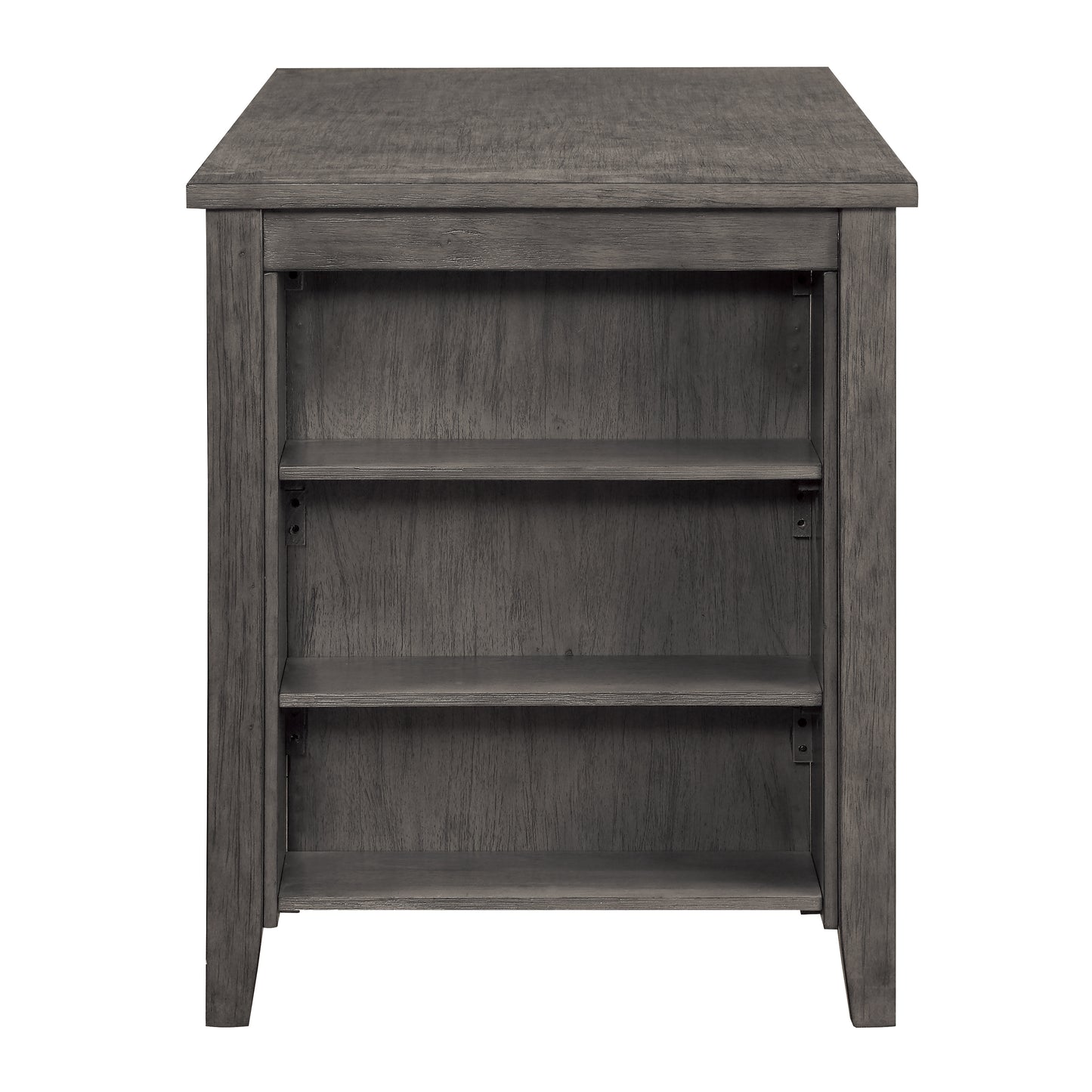 Gray wood bookshelf with three open shelves and a clean modern design