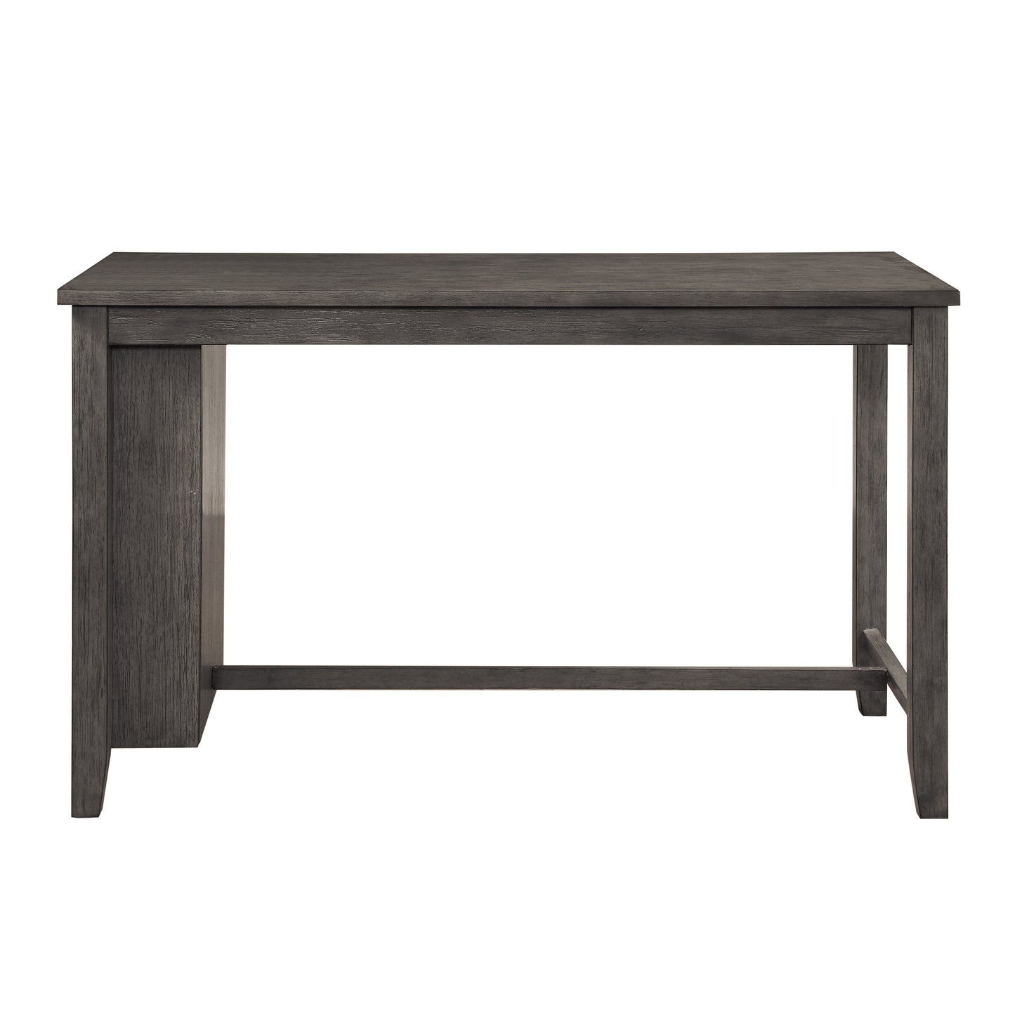 Gray wood bar table with straight legs and a solid top surface