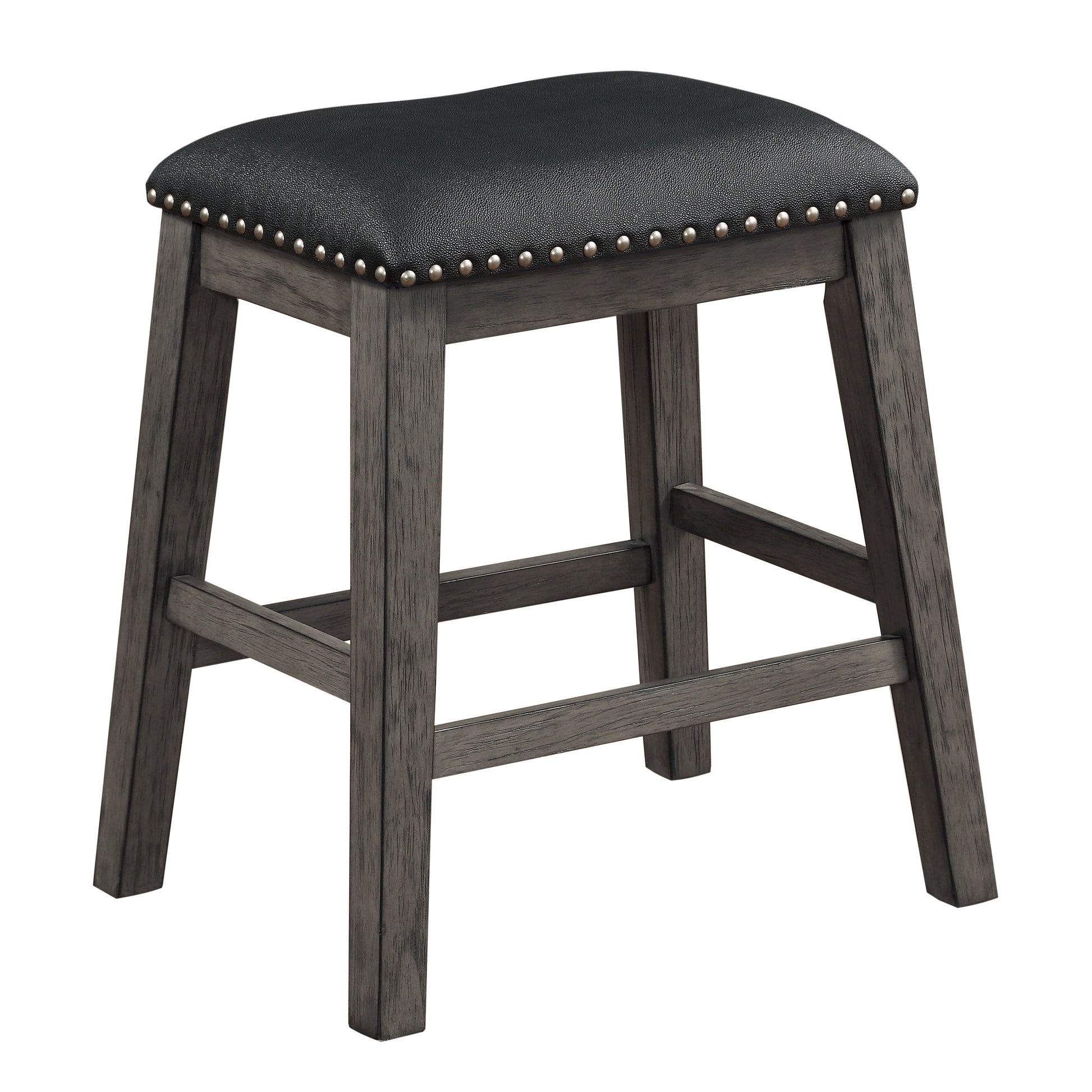 Grey distressed wood counter stool with black faux leather seat and silver nailhead trim