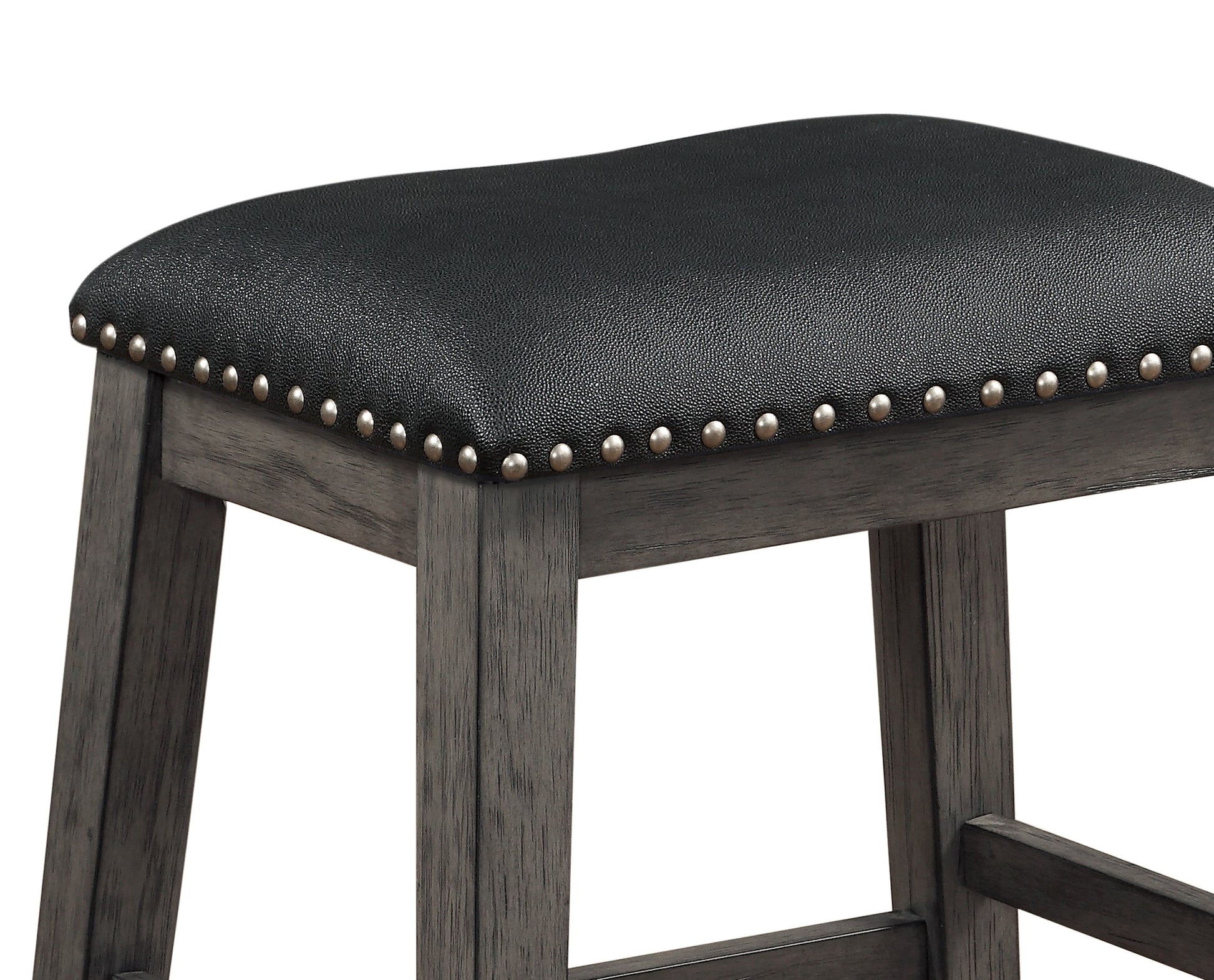 Black faux leather upholstered bar stool with silver nailhead trim and grey wood legs