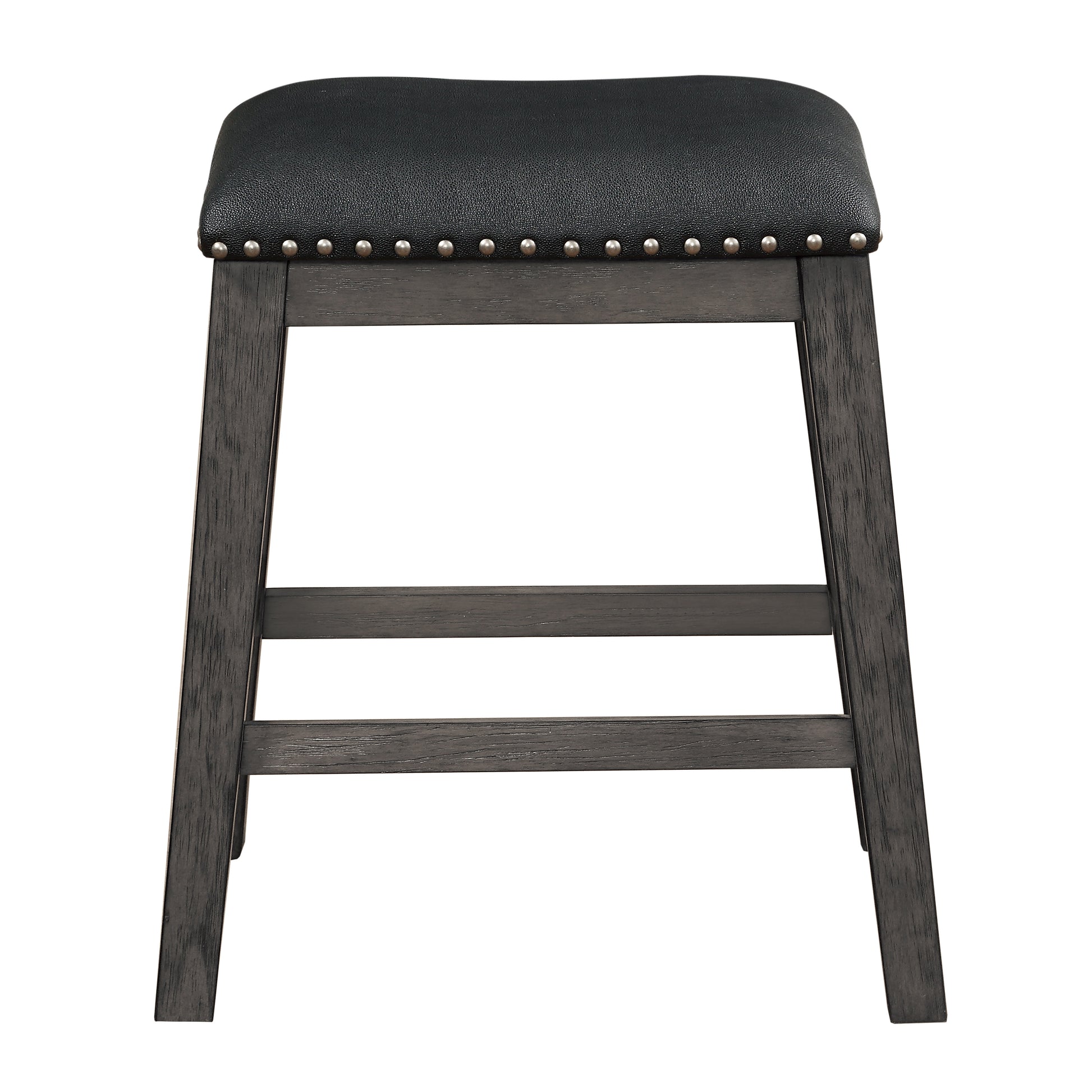 Black upholstered counter stool with nailhead trim and dark gray wooden legs