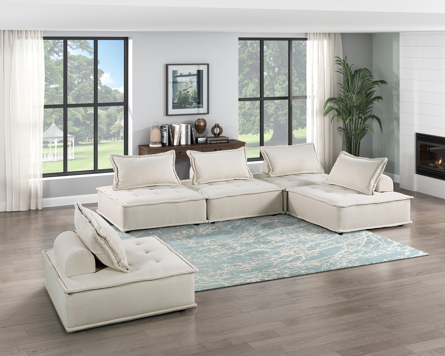 Cream modular sectional sofa with tufted cushions and plush fabric perfect for versatile living room arrangements