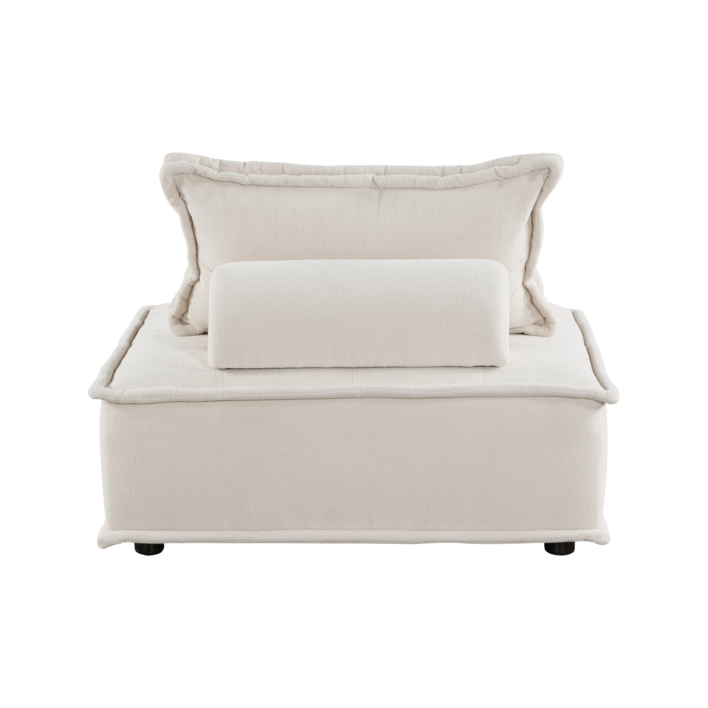 Cream boucle fabric armchair with plush back and cylinder cushions