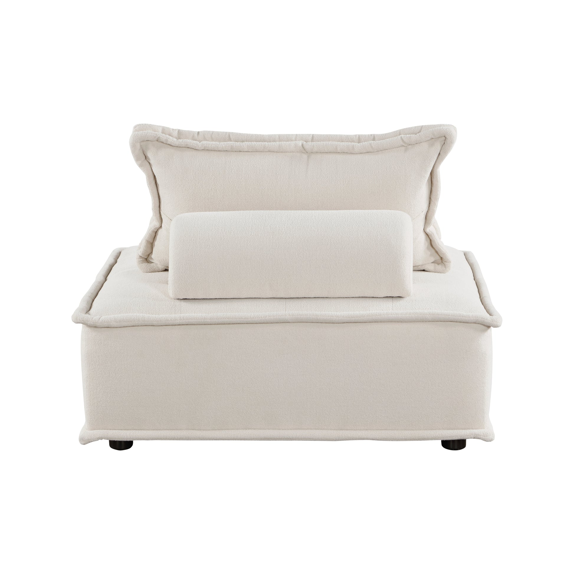 Cream boucle fabric armchair with plush back and cylinder cushions