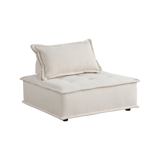 Cream boucle accent chair with tufted seat and lumbar pillow
