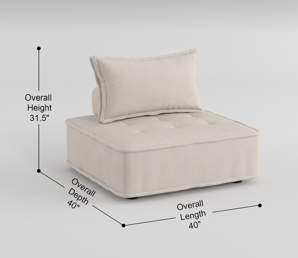 Tufted beige modular armchair with a lumbar pillow  depth and  length