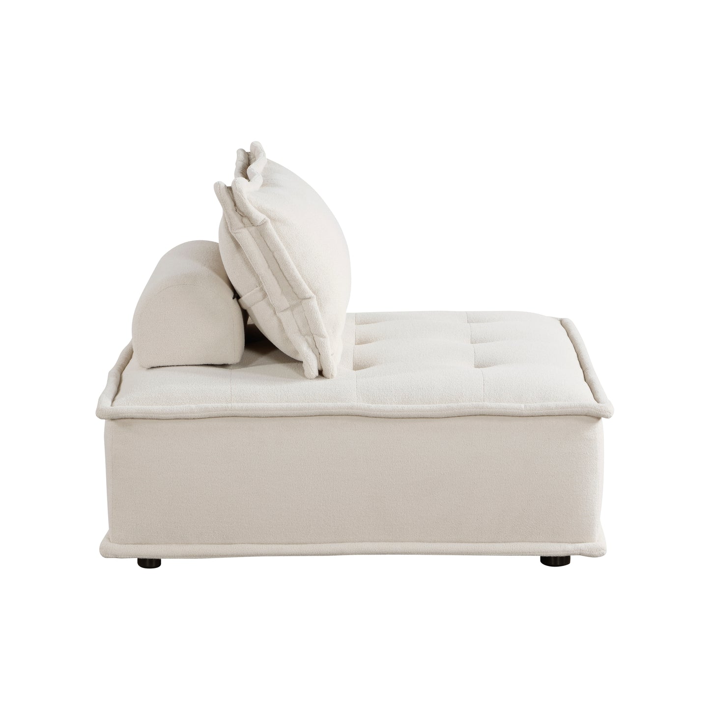 Cream boucle modular sofa with tufted seat cushion and bolster pillow