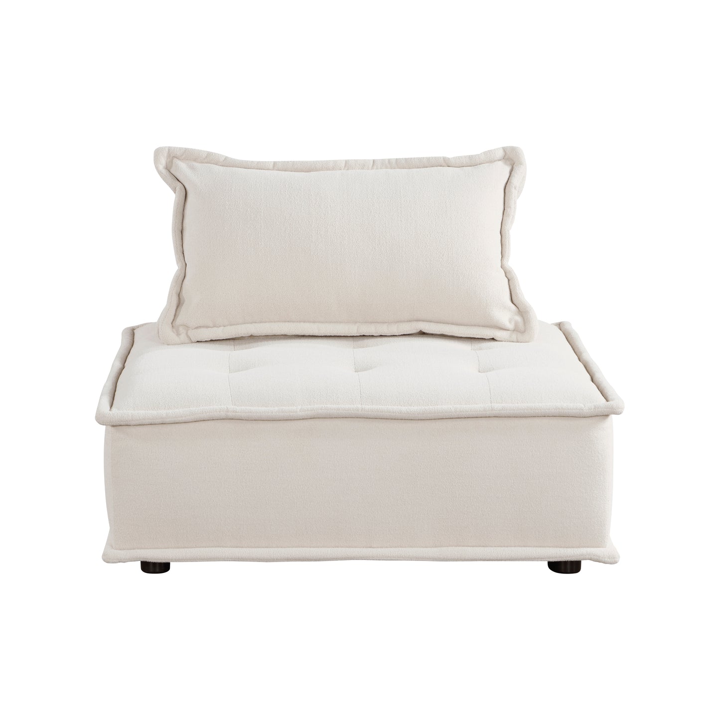 Cream boucle fabric armchair with tufted seat and bolster cushion
