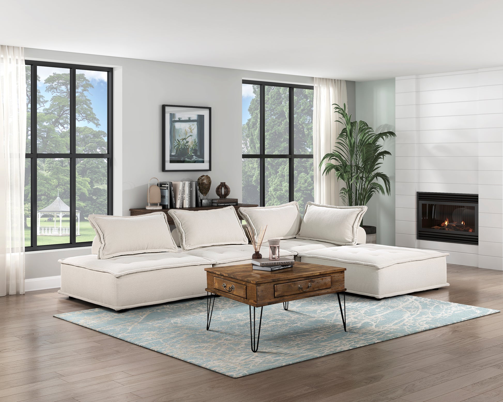 Cream fabric modular sectional sofa with plush cushions in a sunlit living room